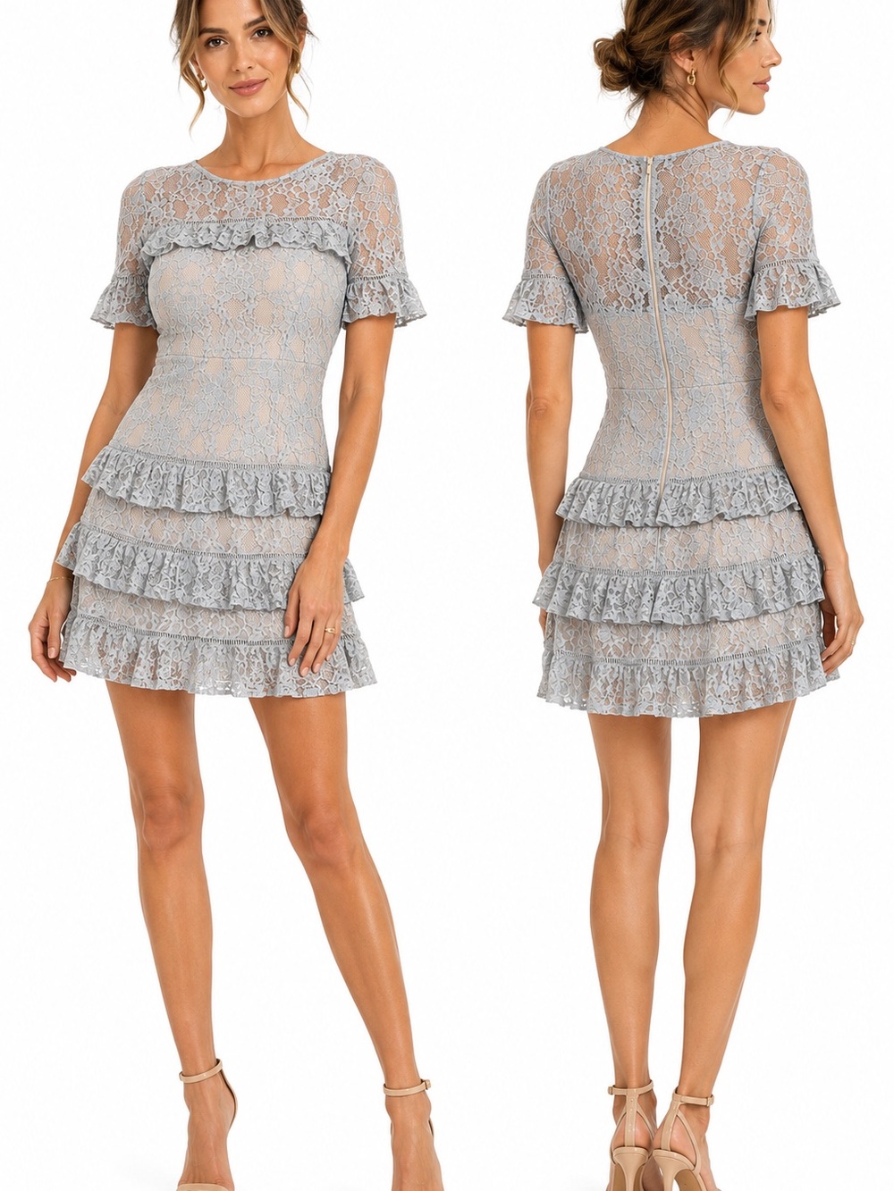 Andrée by Unit Dusty Blue Lace Tiered Ruffle Mini Dress Nude Lining Size S